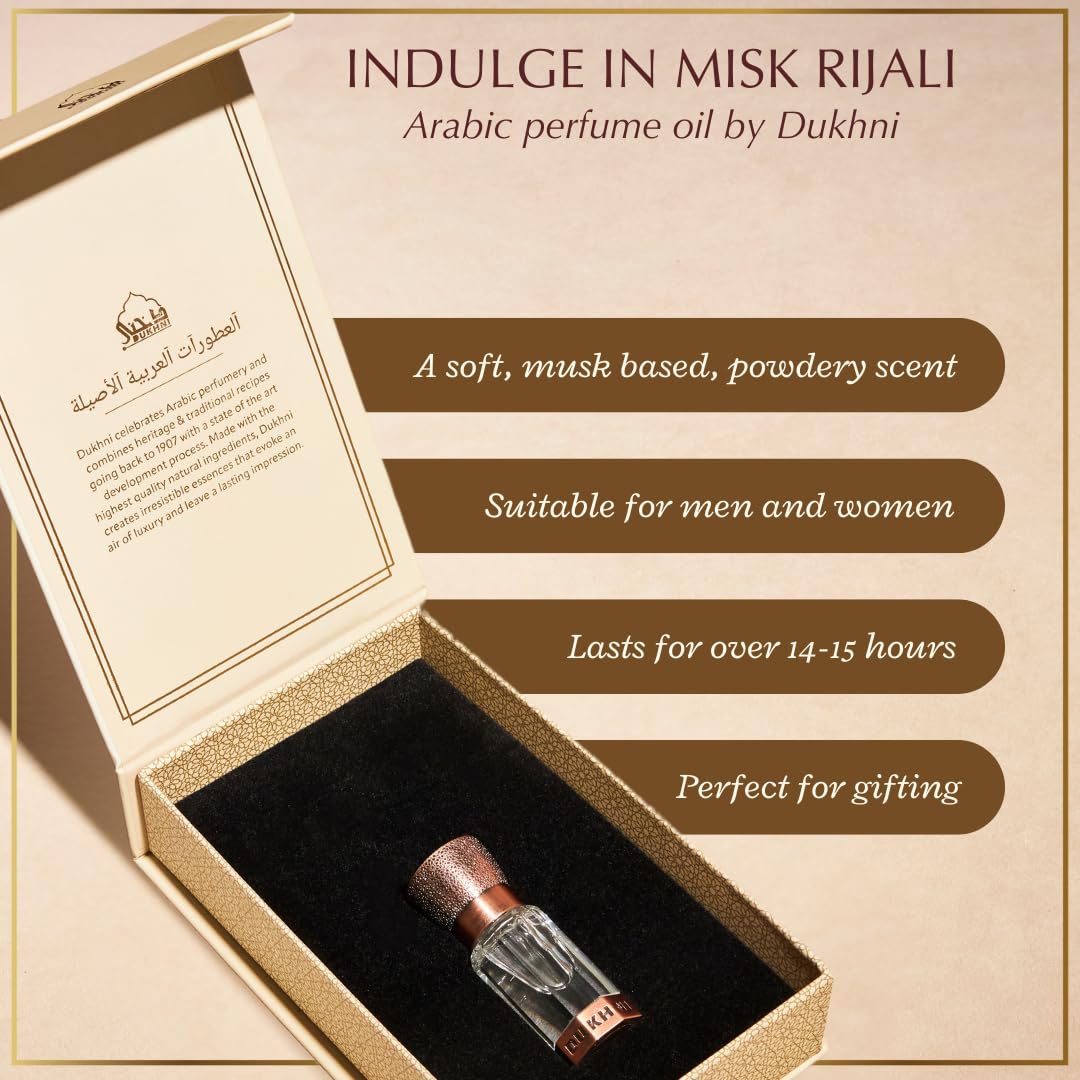 Dukhni Misk Rijali Attar | Soft Silky White Musk | Authentic Arabic Fragrance Oil | 100% Pure, Alcohol-Free, Halal | 1 bottle x 6ml